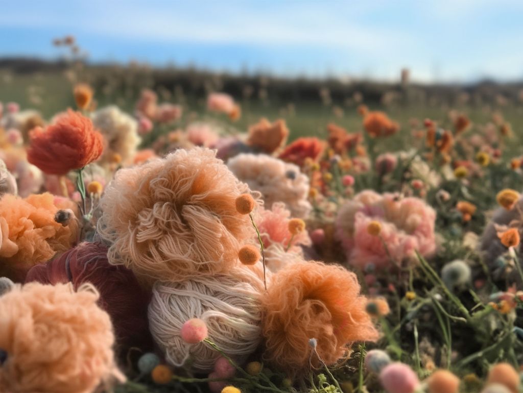 Eine Blumenwiese mit Wollkneuelartigen Blumen gefärbt in Peach Fuzz