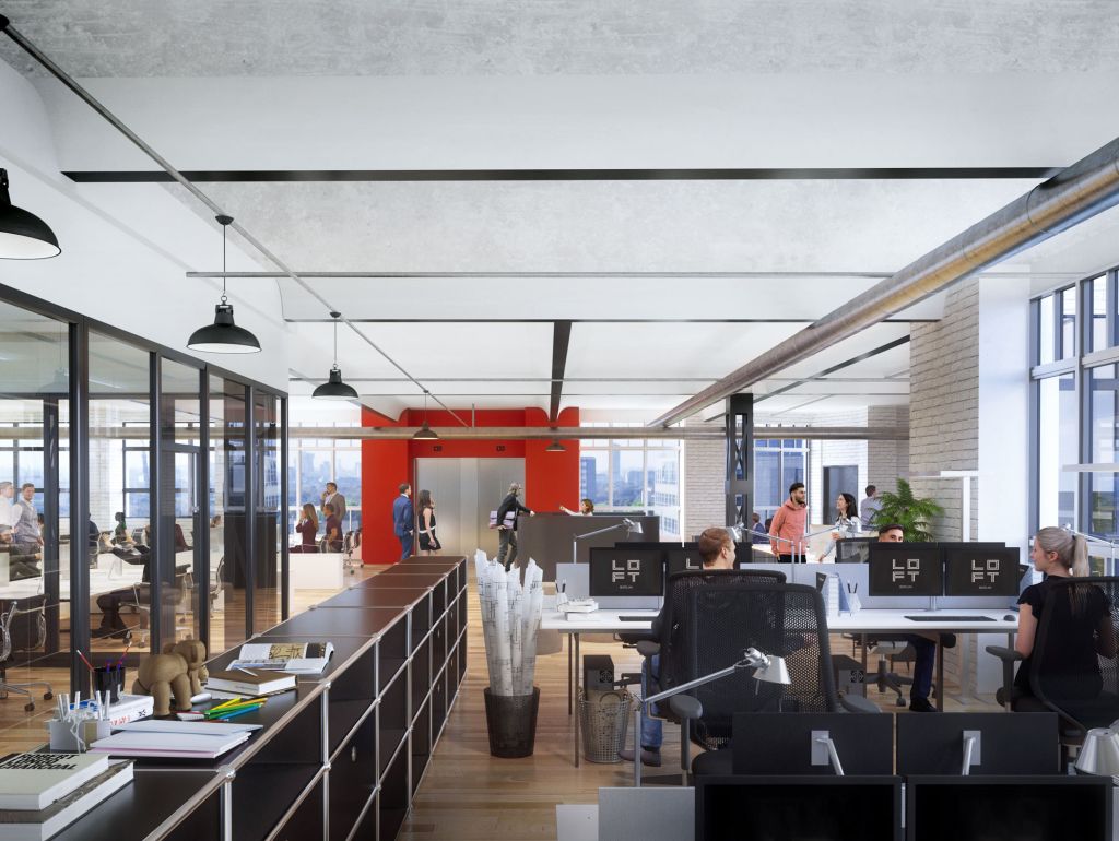 3D-Visualisierung eines Büros mit moderner Ausstattung