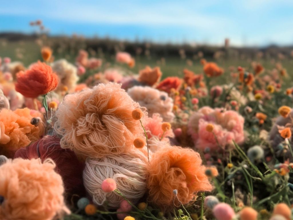 Eine Blumenwiese mit Wollkneuelartigen Blumen gefärbt in Peach Fuzz