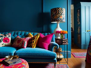 Wohnzimmer mit Couch im Boho Stil. Die Farben sind Blau und Magenta.